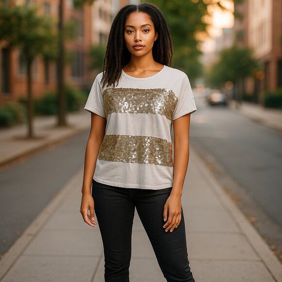 LOFT Tops - LOFT Womens Top Size Small Light Gray Sequined Striped Short Sleeve NEW